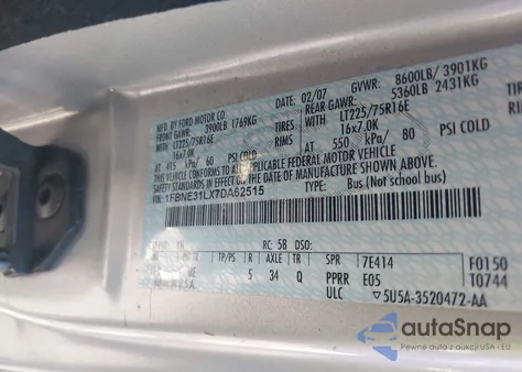 2007 Ford E-350 Super Duty Xl/Xlt z USA, uszkodzony, nr VIN 1FBNE31LX7DA62515